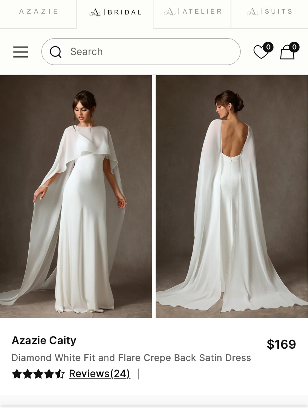 Azazie Diamond White Crepe Satin Cape-Back Gown